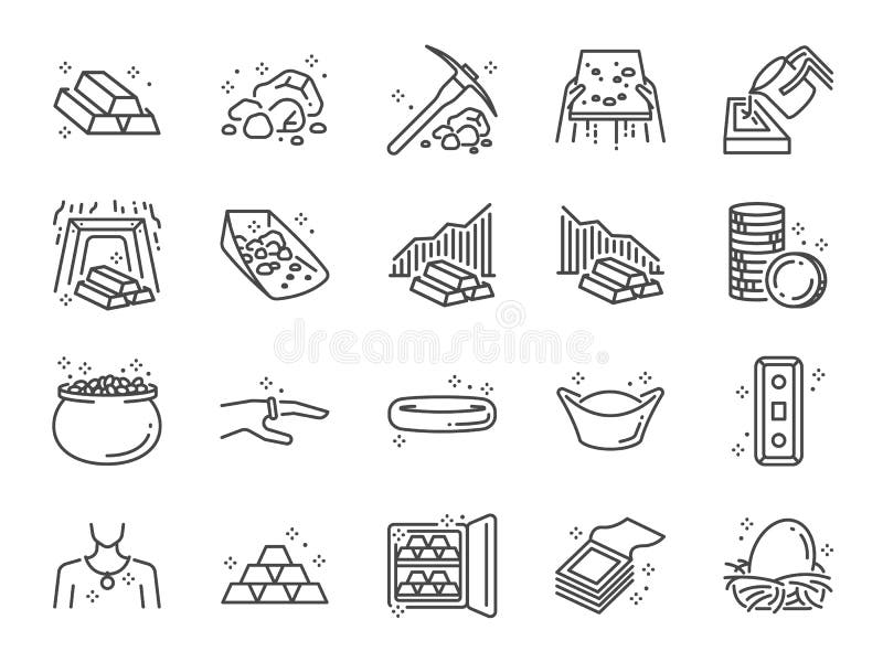 Gold line icon set. Included icons as golden, mine, gold bar, price,Â asset, wealth and more.